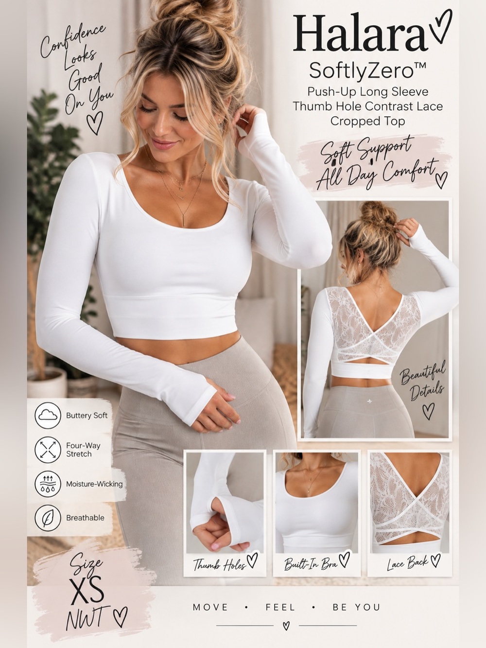 Halara SoftlyZero Push-Up Lace Back Crop Top White XS NWT